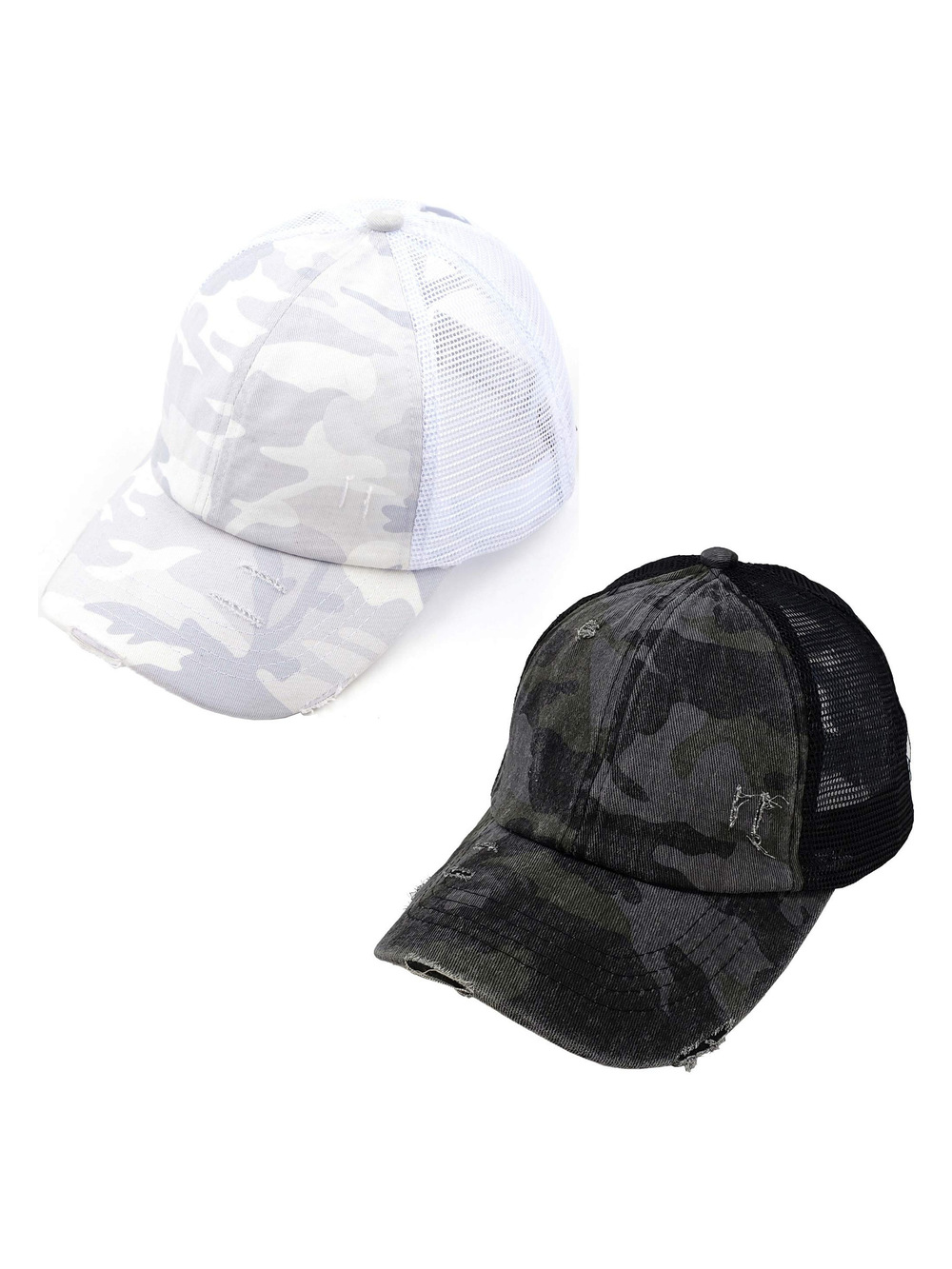Criss Cross Ponytail Cap, Messy Bun Distressed Baseball | White, Black | Size OS